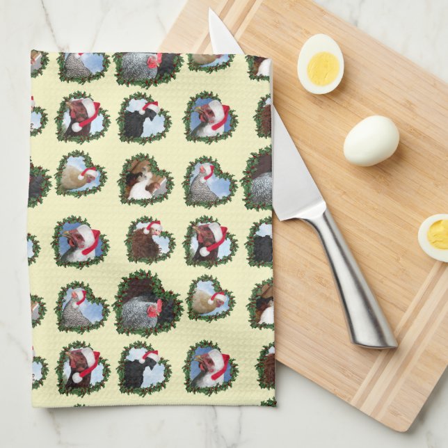 Chickens in Wreath Heart Christmas Tea Towel (Quarter Fold)