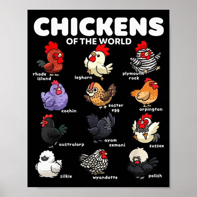 Chickens Of The World Funny Cartoon Chicken Breeds Poster (Front)