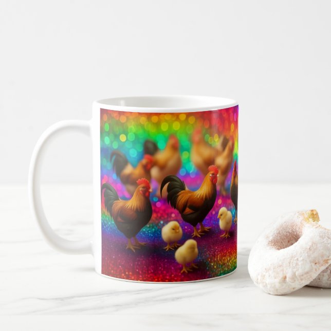 Chickens on a Rainbow Background   Coffee Mug (With Donut)