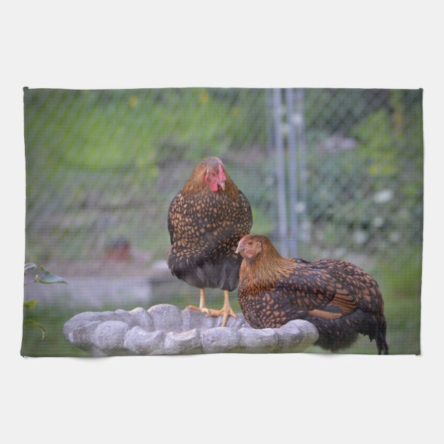 Chickens On Birdbath Kitchen Towel (Horizontal)