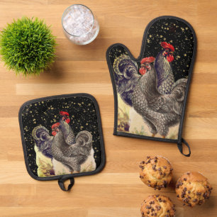 Chickens Rooster Black Gold Stars Oven Mitt & Pot Holder Set