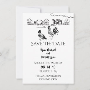 Chickens Rooster, Hen   Black, White Farm Wedding Save The Date