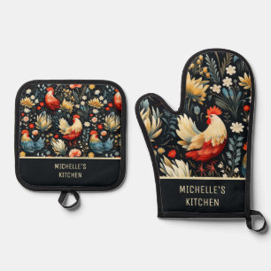 Chickens Roosters Country Farm Name Oven Mitt & Pot Holder Set