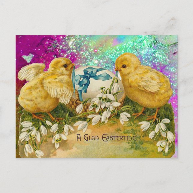 CHICKENS, SNOWDROPS AND EASTER EGG WITH BLUE BOW HOLIDAY POSTCARD (Front)