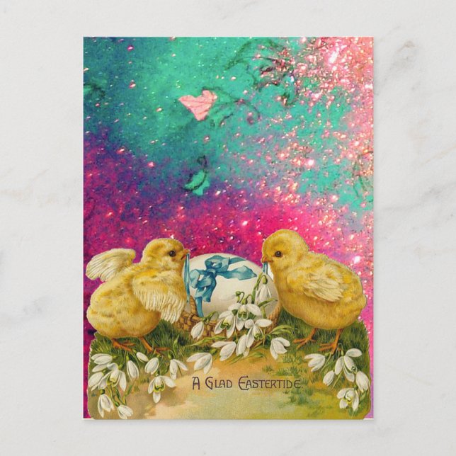 CHICKENS, SNOWDROPS AND EASTER EGG WITH BLUE BOW HOLIDAY POSTCARD (Front)