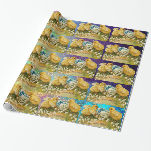CHICKENS, SNOWDROPS AND EASTER EGG WITH BLUE BOW WRAPPING PAPER