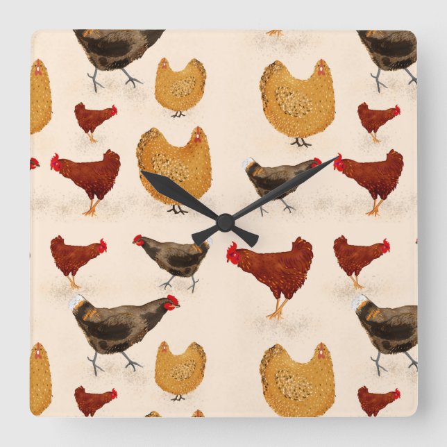 Chickens Square Wall Clock (Front)