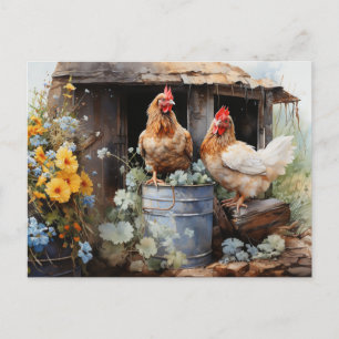 Chickens Tin Bucket Chicken Coop Yellow Flowers  Postcard