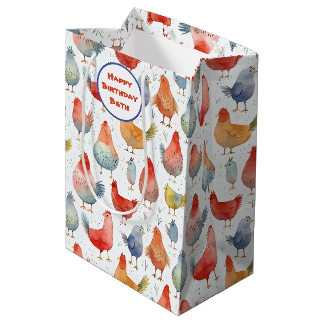 Chickens Watercolor Add Name Birthday  Medium Gift Bag (Back Angled)