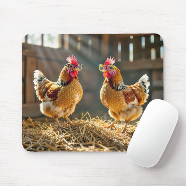 Chickens Wearing Eyeglasses In a Sunny Barn Mouse Mat (With Mouse)