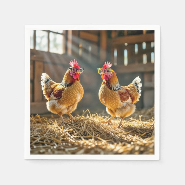 Chickens Wearing Eyeglasses In a Sunny Barn Napkin (Front)
