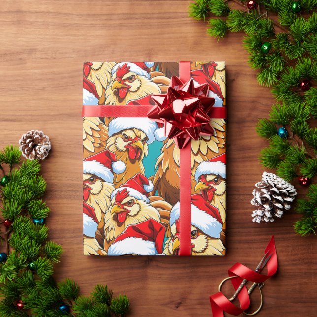 Chickens Wearing Santa Claus Hats Wrapping Paper (Holiday Gift)