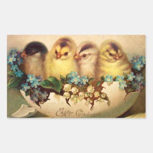 CHICKENS WITH BLUE WHITE FLOWERS IN EASTER EGG RECTANGULAR STICKER