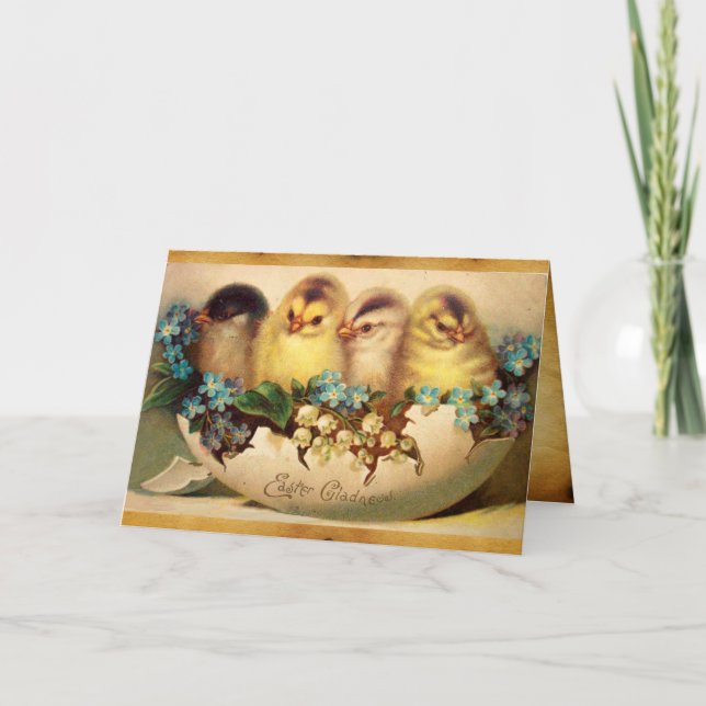 CHICKENS WITH FLOWERS IN EASTER EGG PARCHMENT HOLIDAY CARD (Front)