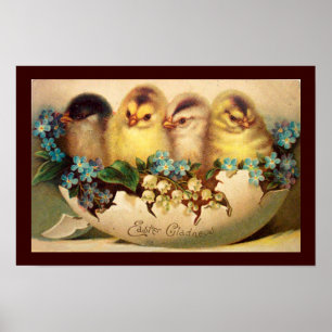 CHICKENS WITH FLOWERS IN EASTER EGG POSTER