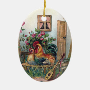 Chickens With Lute and Egg House Ceramic Tree Decoration