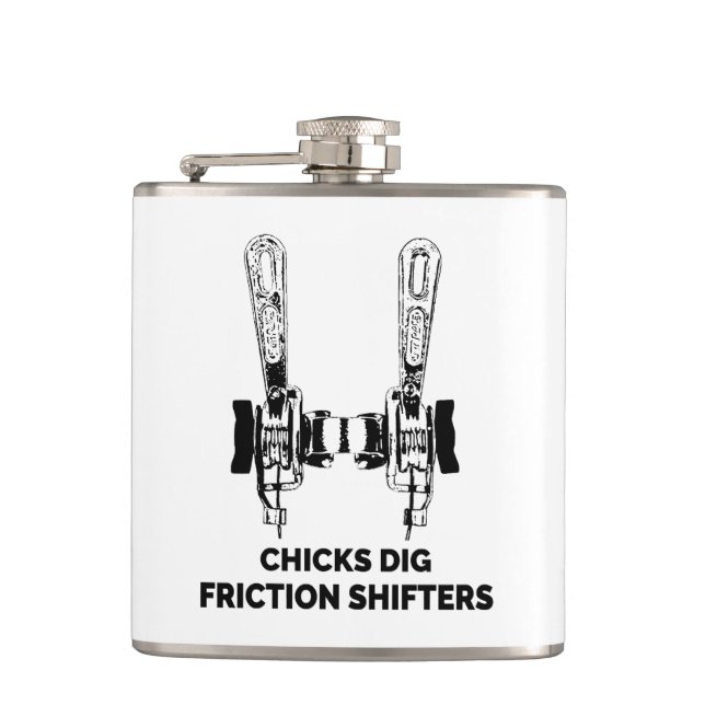 Chicks Dig Friction Shifters Bicycle Hip Flask (Front)