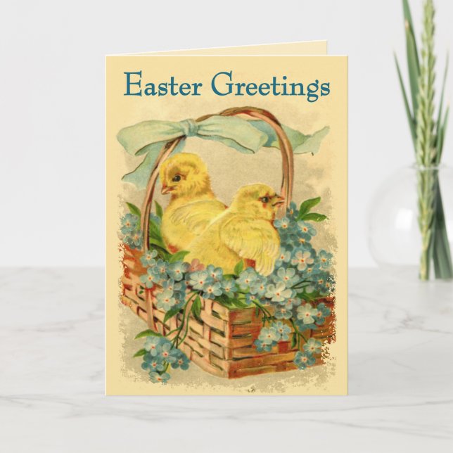 Chicks in a Basket Vintage Easter Greeting Card (Front)