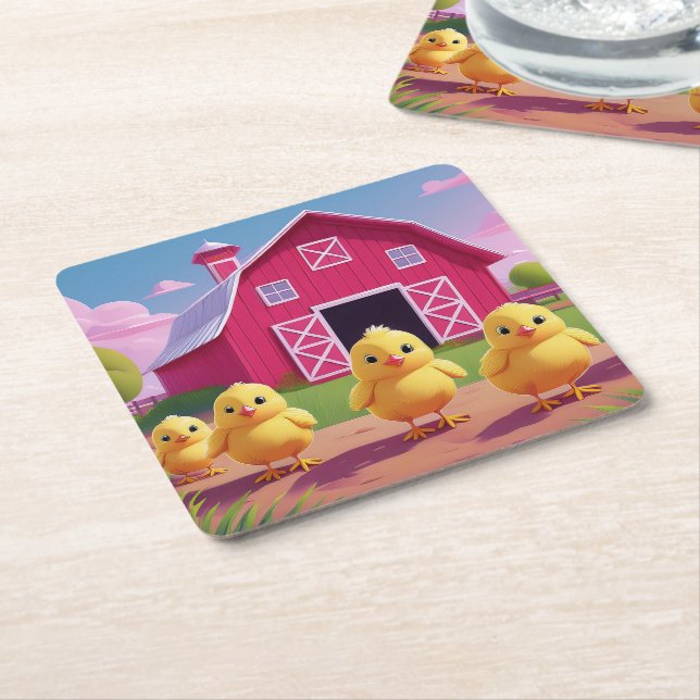 Chicks in Barnyard Happy Spring  Square Paper Coaster (Angled)