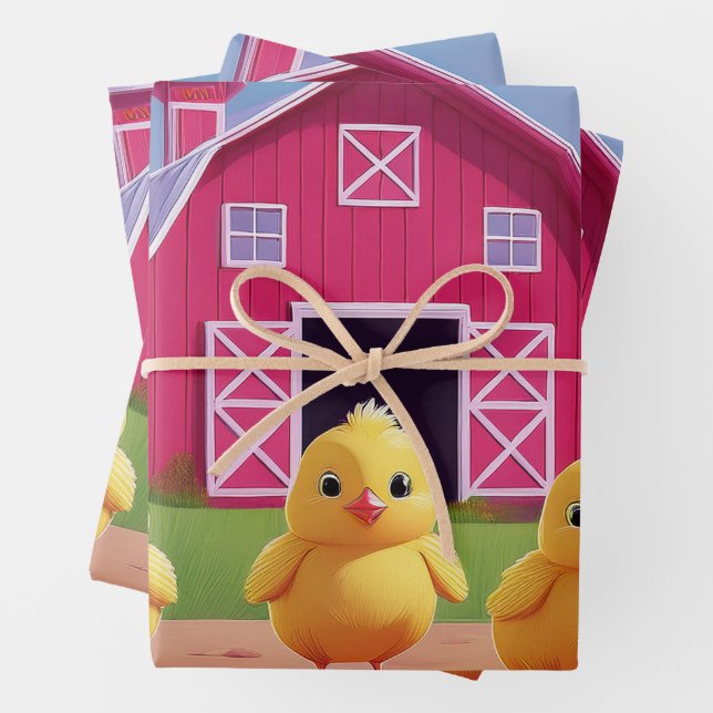 Chicks in Barnyard Happy Spring  Wrapping Paper Sheet (In situ)