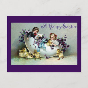 Chicks, Kids, Violets and Giant Eggshell Vintage Postcard
