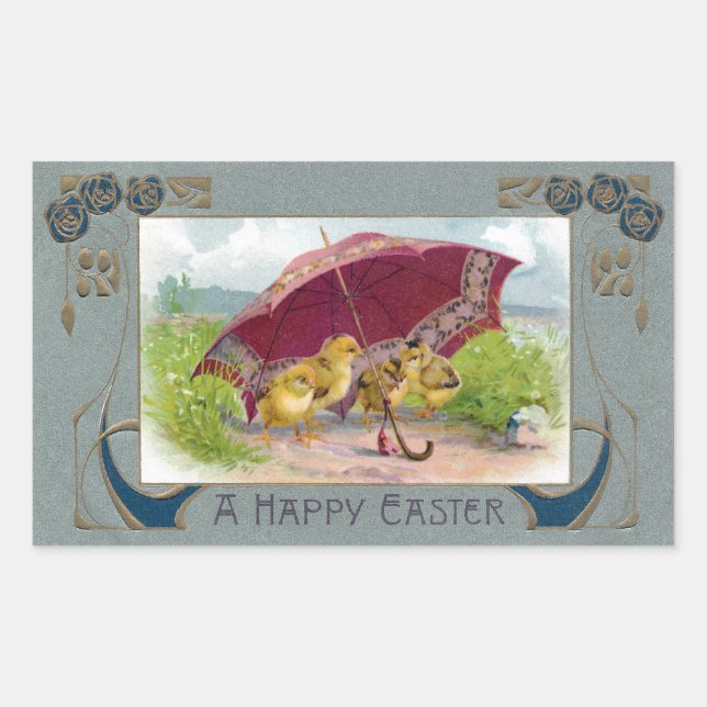 Chicks Under Umbrella Art Nouveau Easter Rectangular Sticker (Front)