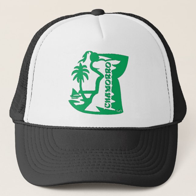 Chief holding a latte stone.  Guam seal. Trucker Hat (Front)