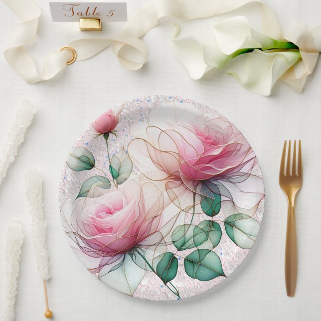 Chiffon Pink Rose Paper Plate (Wedding)