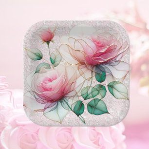 Chiffon Pink Rose Paper Plate
