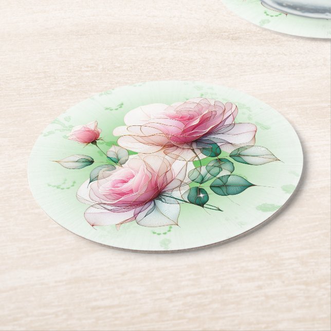 Chiffon Roses Round Paper Coaster (Angled)