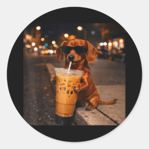 Chihua funny dachshund drinking iced coffee lover classic round sticker