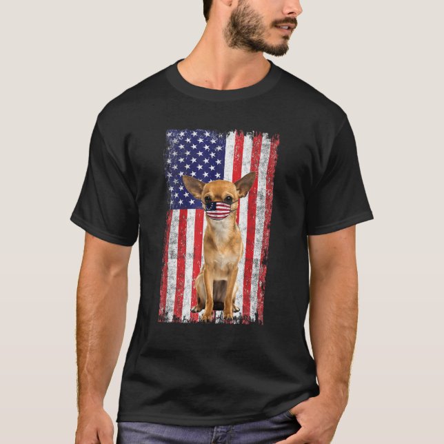 Chihuahua American Flag Dog Wears Face Mask 4th Of T-Shirt (Front)