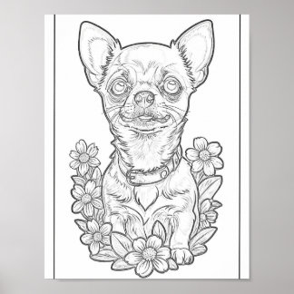 Chihuahua and Daisies Colouring Page Poster