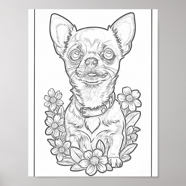 Chihuahua and Daisies Colouring Page Poster (Front)
