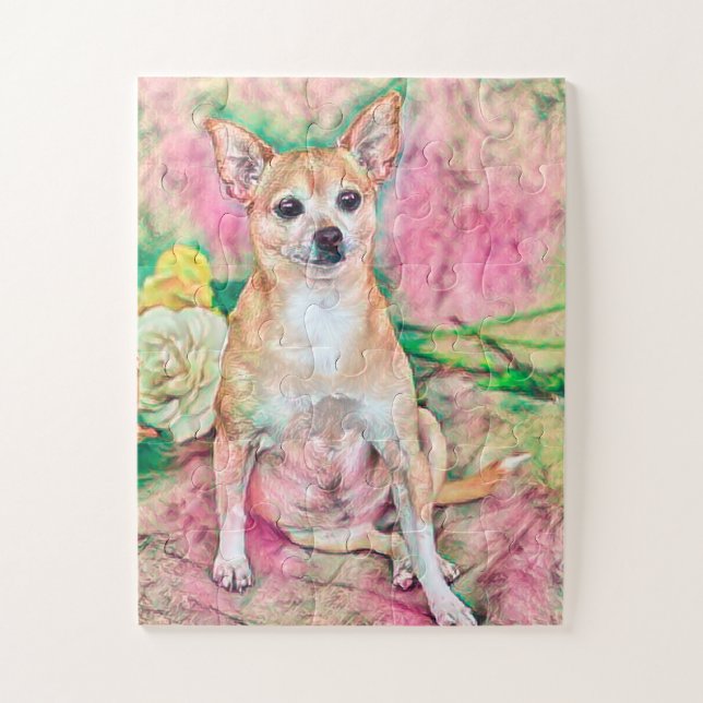 Chihuahua Art Pink Green Dog Portrait Jigsaw Puzzle (Vertical)