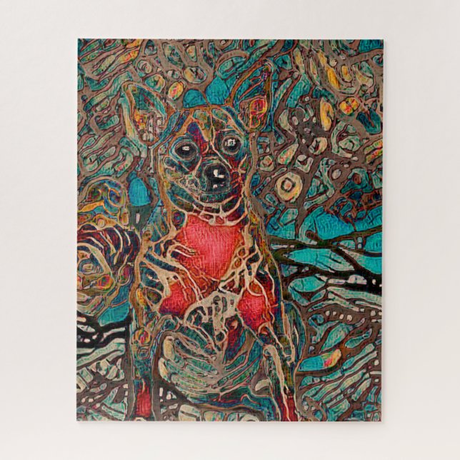 Chihuahua Art Teal Brown Dog Portrait Jigsaw Puzzle (Vertical)