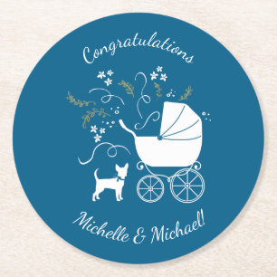 Chihuahua Baby Shower Blue Boy Dog Round Paper Coaster