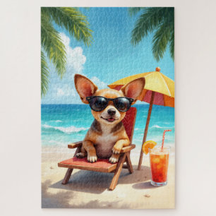 Chihuahua Beach Lounge Scene Jigsaw Puzzle