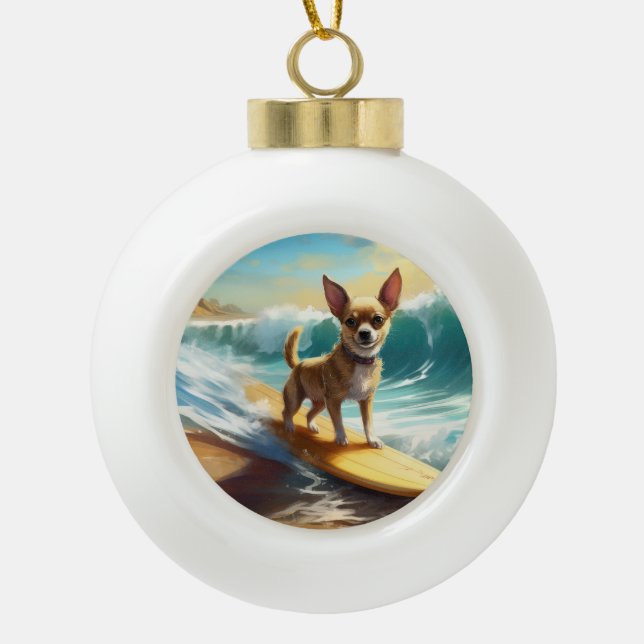 Chihuahua Beach Surfing Painting  Ceramic Ball Christmas Ornament (Front)
