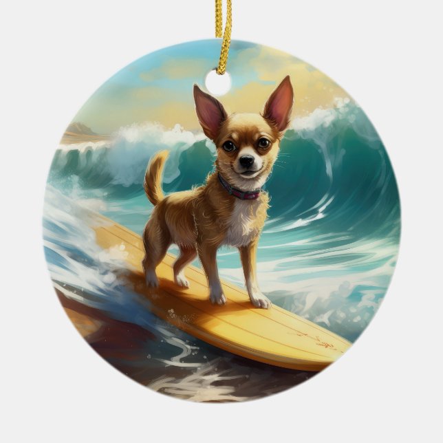 Chihuahua Beach Surfing Painting  Ceramic Tree Decoration (Front)