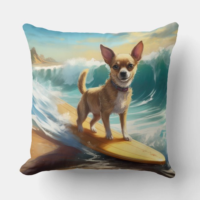 Chihuahua Beach Surfing Painting  Cushion (Front)