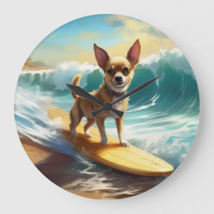 Chihuahua Beach Surfing Painting  Large Clock