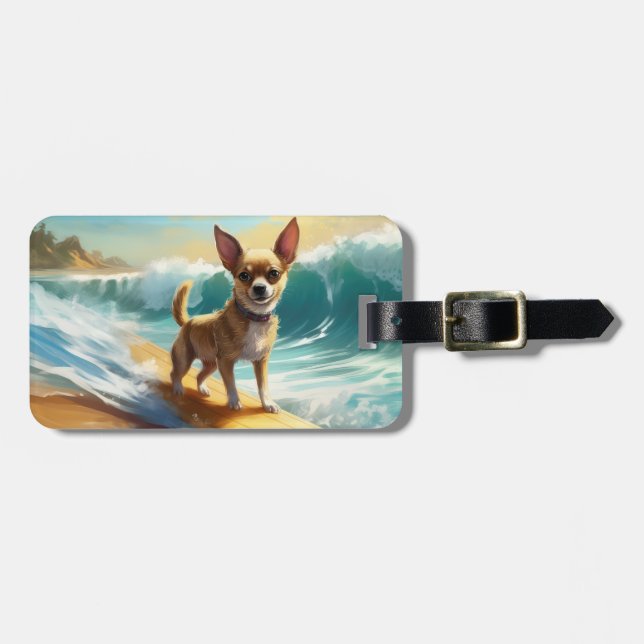 Chihuahua Beach Surfing Painting  Luggage Tag (Front Horizontal)