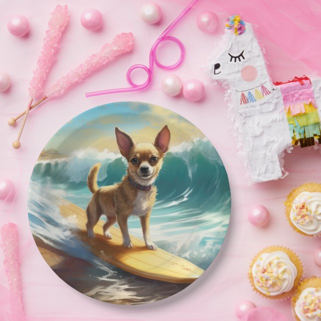 Chihuahua Beach Surfing Painting  Paper Plate (Party)
