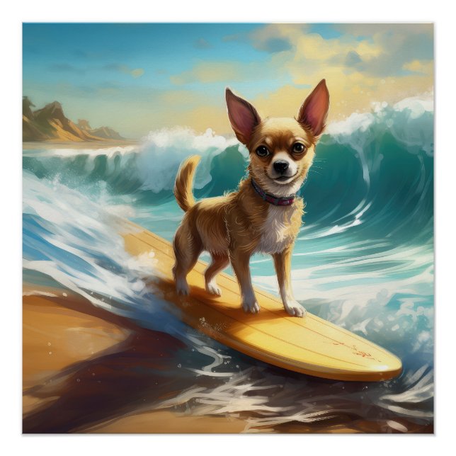Chihuahua Beach Surfing Painting  Poster (Front)