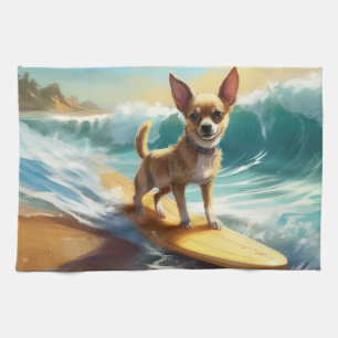Chihuahua Beach Surfing Painting Tea Towel