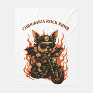Chihuahua Biker Dog on Motorcycle with Flames Fleece Blanket