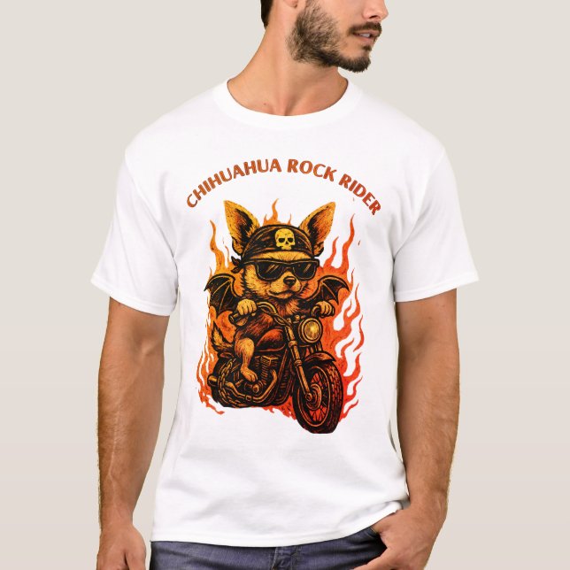 Chihuahua Biker Dog on Motorcycle with Flames T-Shirt (Front)