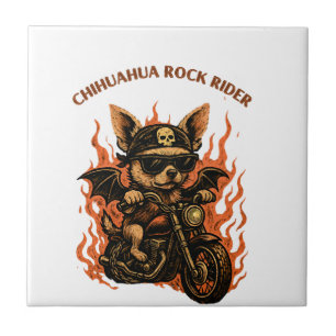 Chihuahua Biker Dog on Motorcycle with Flames Tile