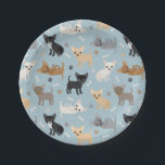 Chihuahua Bones and Paws Blue Paper Plate<br><div class="desc">Cute chihuahua dogs in black,  brown,  tan,  cream,  grey and blue coats sit and stand scattered dog bones and paw prints on a light blue background.</div>